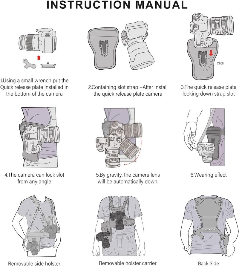FOMITO Multi Camera Carrying Chest Harness System Vest with Side Holster for Canon for Nikon for Panasonic for Olympus for Sony A7R A7S A7II A7RII A58 A99 A6000 A6300 DSLR - Image 5